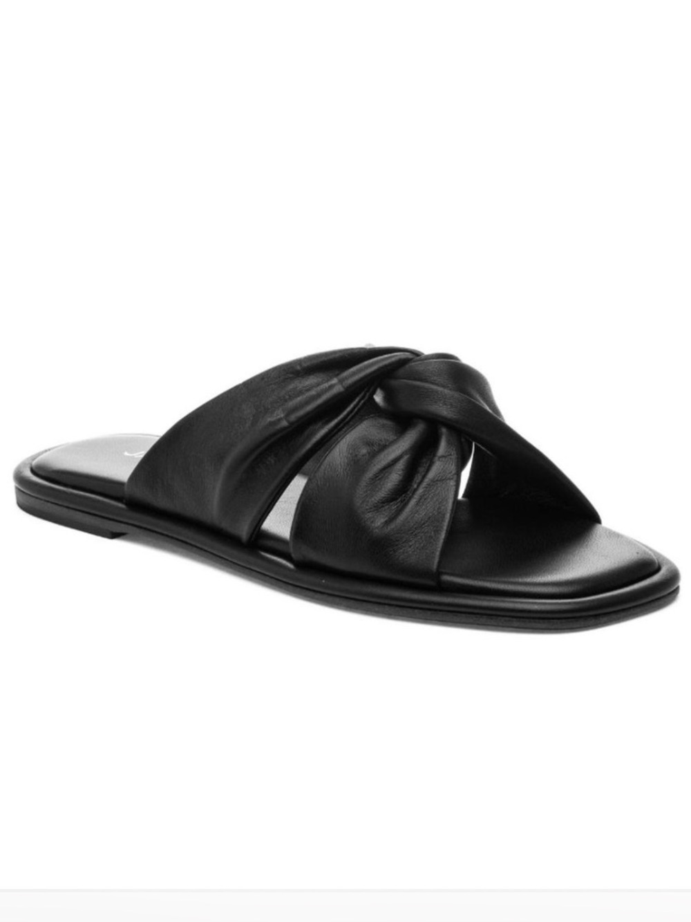 J/SLIDES Yaya Black Leather Twist Knot Rounded Square Toe Flat Sandals Size 7
